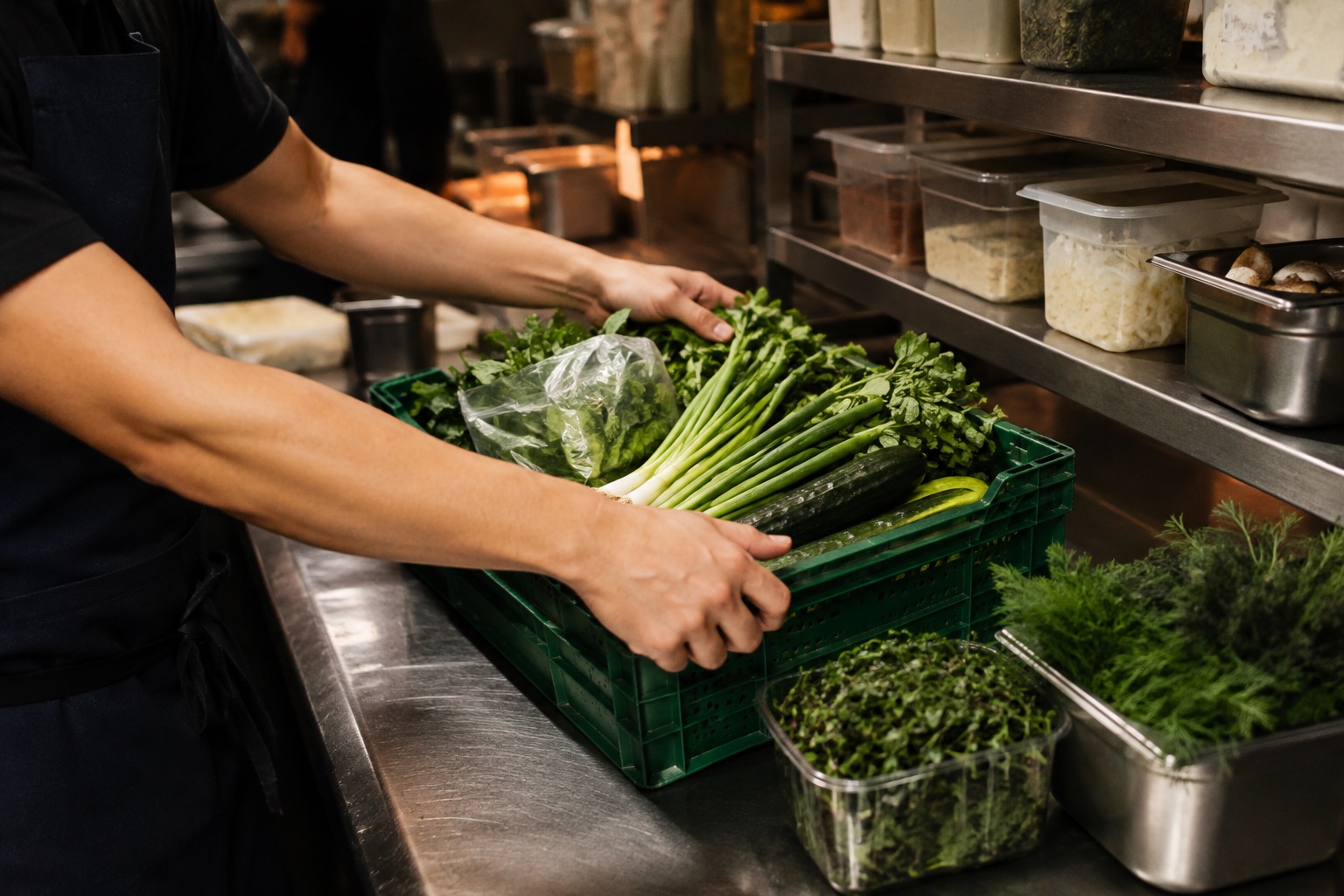 A kitchen worker checks a crate of fresh vegetables beside restaurant stock shelves.